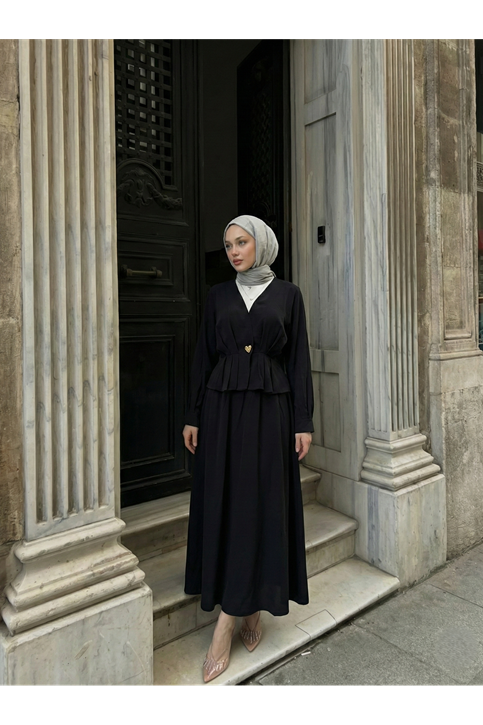 Ceket Düğme Detay Etekli Takım-Siyah