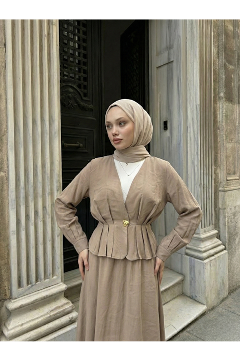 Ceket Düğme Detay Etekli Takım-Vizon