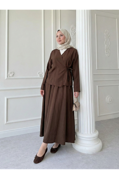 Yandan Bağlamalı Etekli Takım-Kahve
