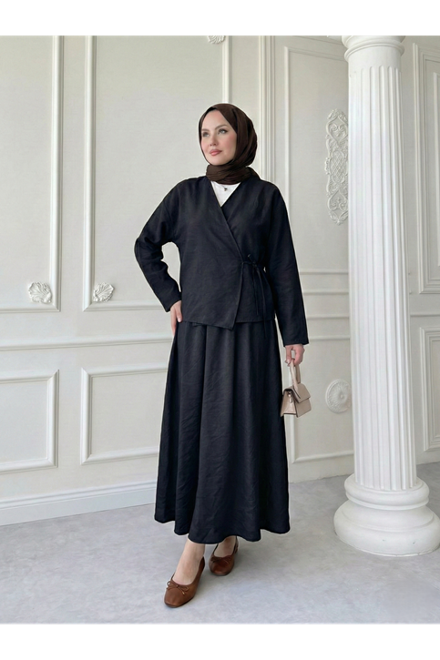 Yandan Bağlamalı Etekli Takım-Siyah