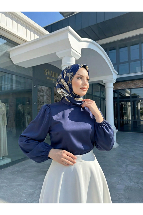 Arka Fermuar Detay Saten Tunik-Lacivert