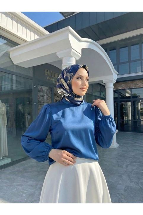 Arka Fermuar Detay Saten Tunik-Petrol Mavisi