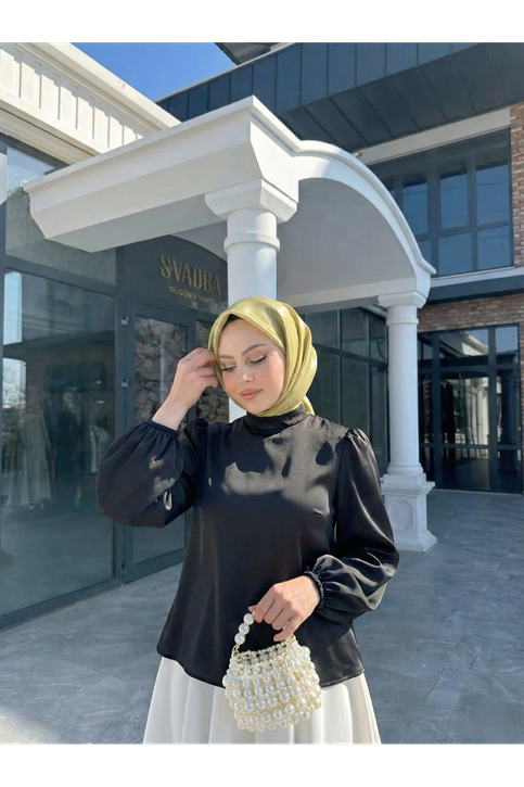 Arka Fermuar Detay Saten Tunik-Siyah