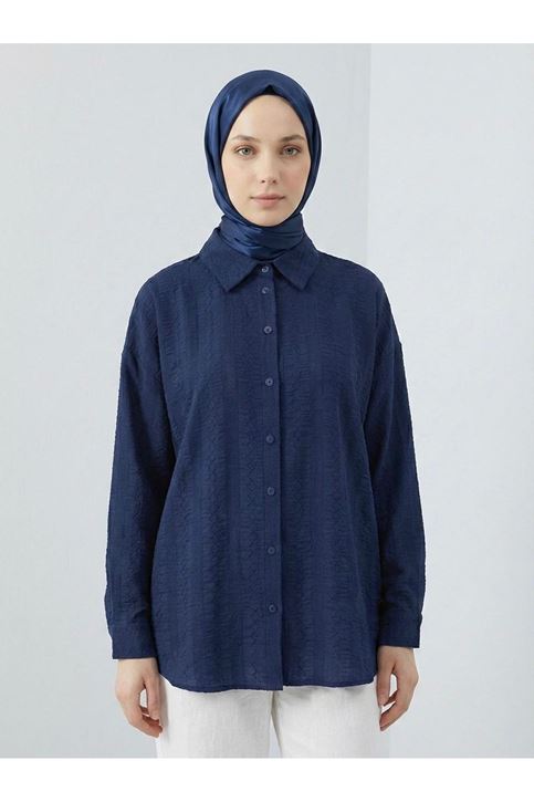 Geniş Raporlu Jakar Keten Tunik-Lacivert