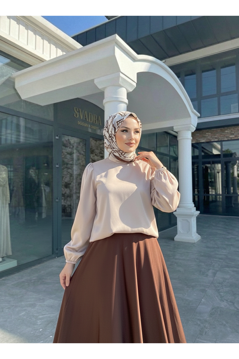 Arka Fermuar Detay Saten Tunik-Taş