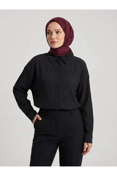 Çizgi Raporlu Keten Tunik-Siyah