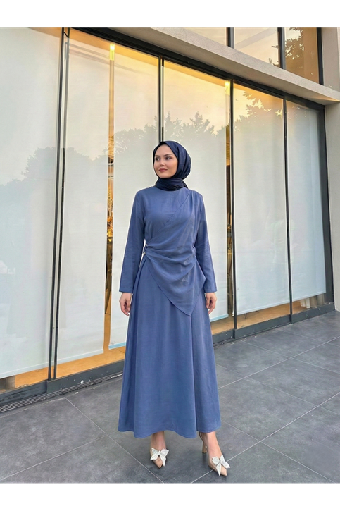 Aller Yandan Aksesuarlı Elbise-İndigo