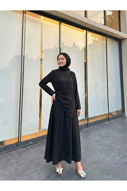 Aller Yandan Aksesuarlı Elbise-Siyah