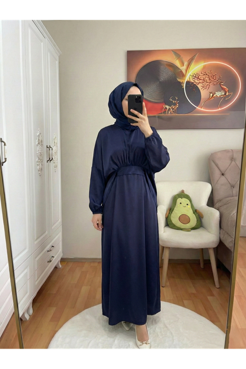 Bağlama Detaylı İkili Saten Elbise-Lacivert