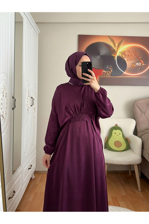 Bağlama Detaylı İkili Saten Elbise-Mürdüm