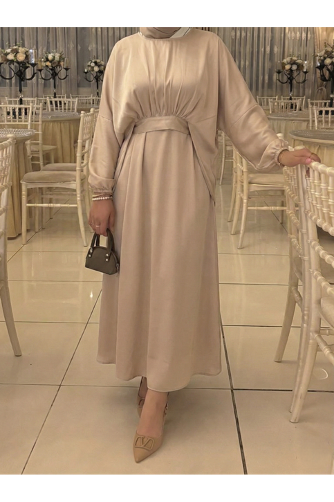 Bağlama Detaylı İkili Saten Elbise-Taş