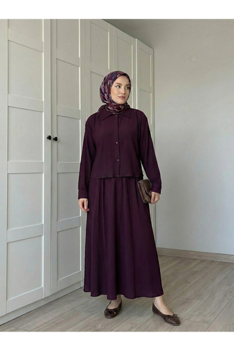 Omuz Pile Detay Etekli Takım-Bordo