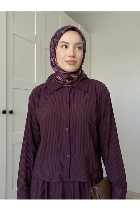 Omuz Pile Detay Etekli Takım-Bordo