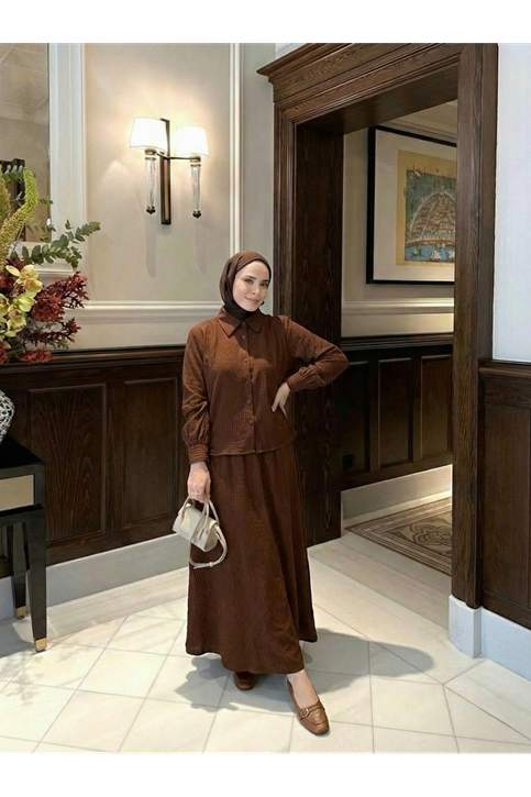 Omuz Pile Detay Etekli Takım-Kahve
