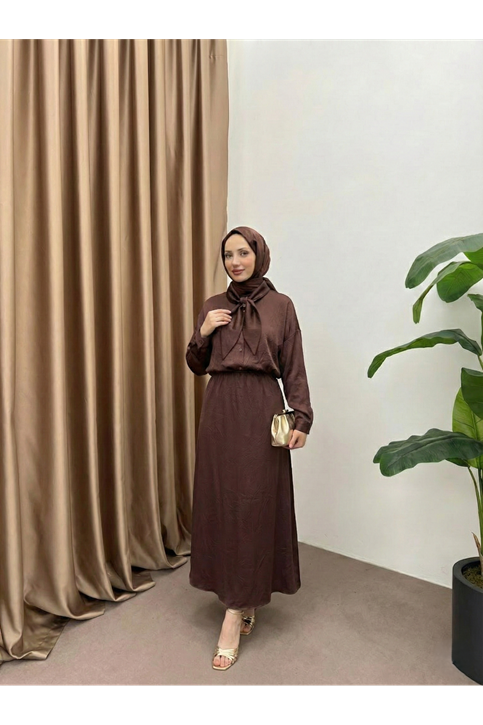 Yaka Detay Etekli Saten Takım-Kahve