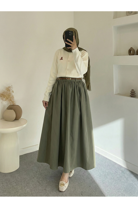 Cepli Kemerli Büzgülü Etek-Haki