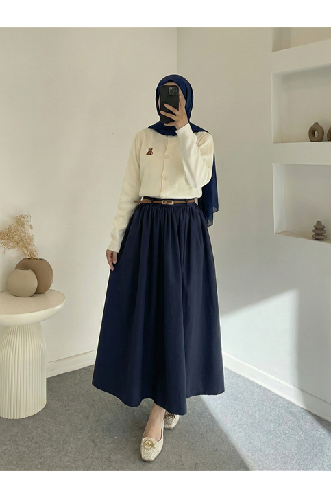Cepli Kemerli Büzgülü Etek-Lacivert