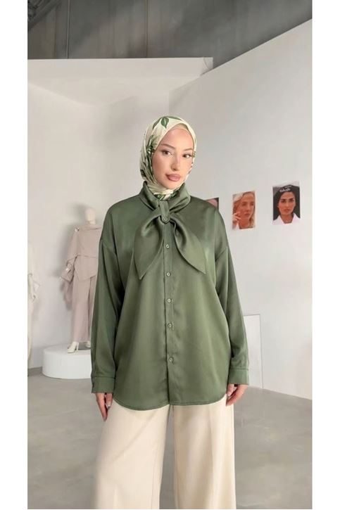 Yaka Detay Saten Tunik-Haki