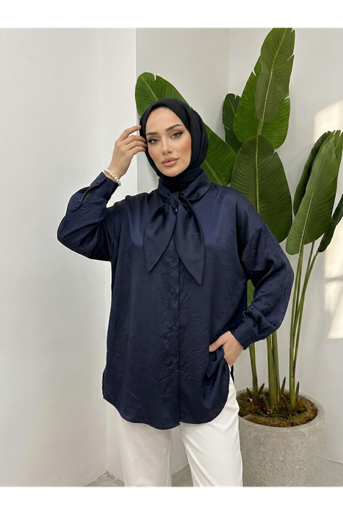 Yaka Detay Saten Tunik-Lacivert