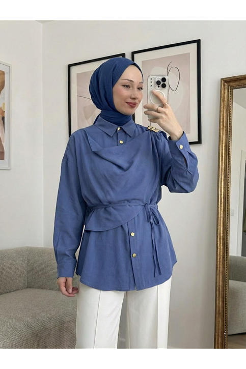 Omuz Toka Detay Aller Tunik-İndigo