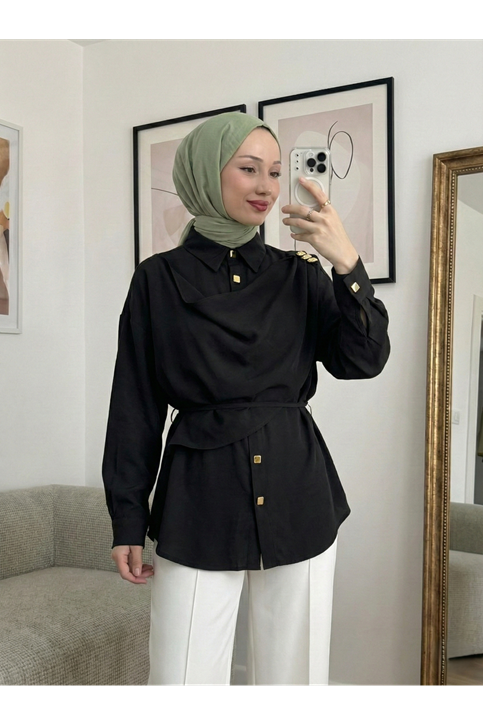 Omuz Toka Detay Aller Tunik-Siyah