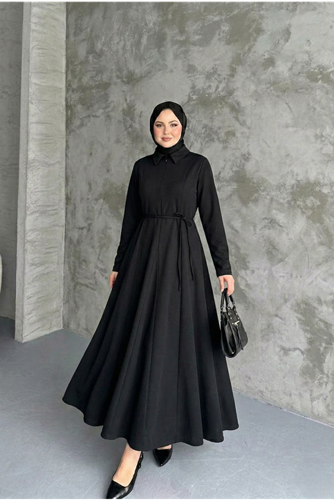 Yaka Fermuar Detay Elbise-Siyah