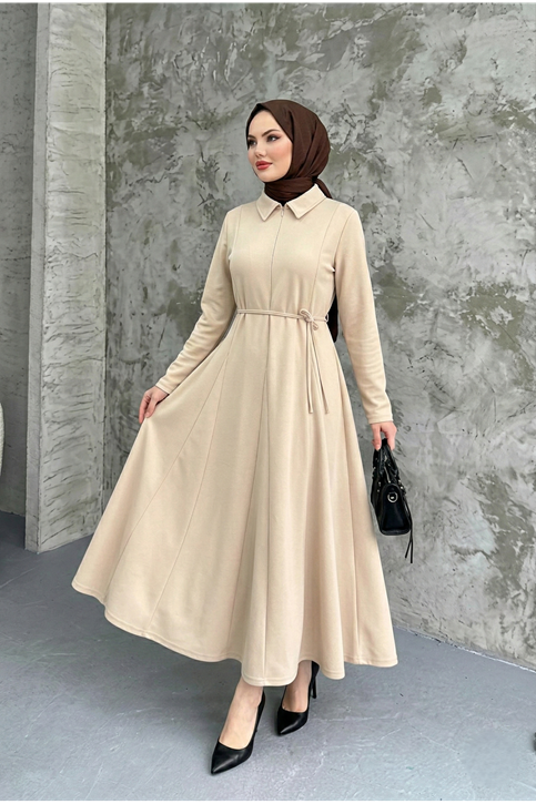 Yaka Fermuar Detay Elbise-Taş