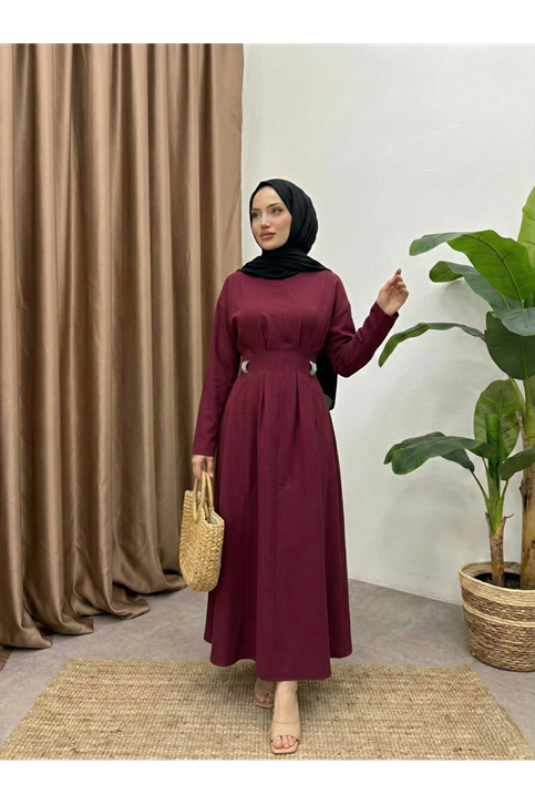 Önü Pensli Aksesuar Detay Elbise-Bordo