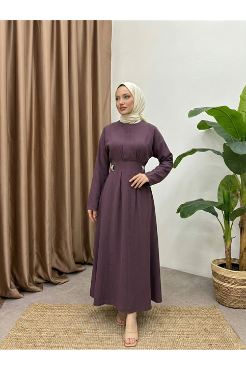 Önü Pensli Aksesuar Detay Elbise-Gül Kurusu