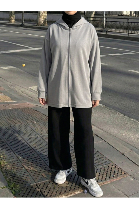 Kapşon Detay Fermuarlı Hırka-Gri