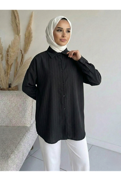 Kendinden Çizgili Tunik-Siyah