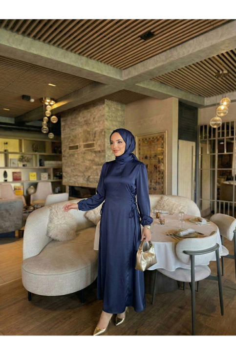 Yanlar Birit Bağlamalı Elbise-Lacivert