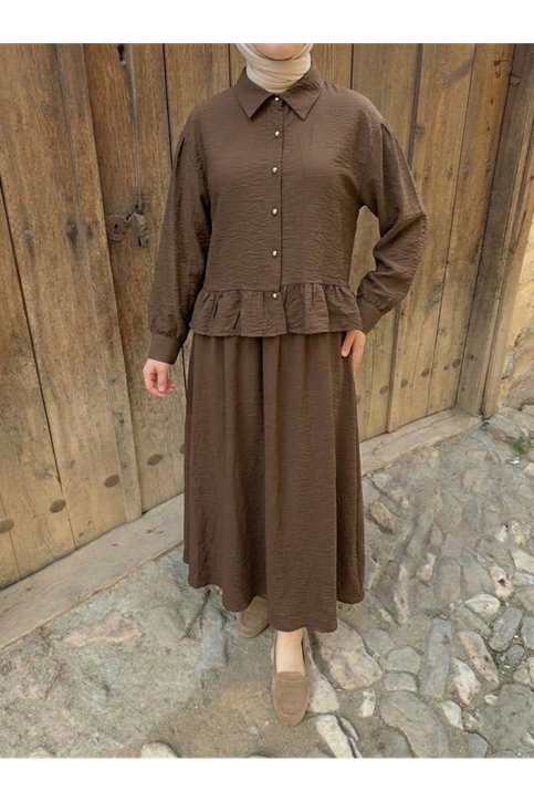 Büzgü Detay Etekli Takım-Kahve
