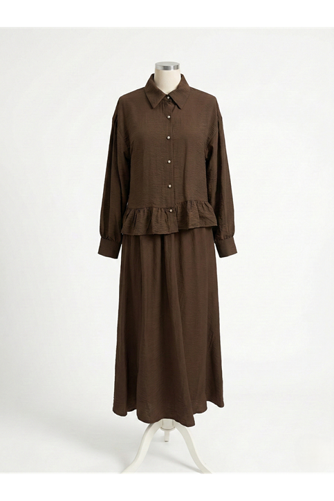 Büzgü Detay Etekli Takım-Kahve