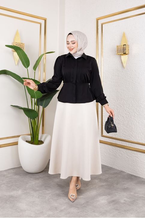 Bel Büzgülü Tunik-Siyah