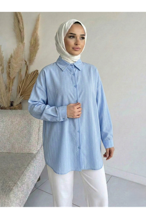 Kendinden Çizgili Tunik-Mavi