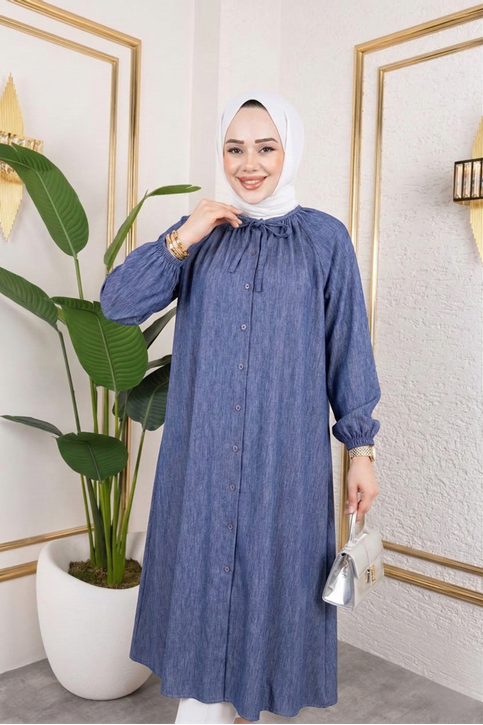 Kadın Kolu Lastikli Yaka Bağlama Detaylı Salaş Rahat Kalıp Boydan Düğmeli Uzun Tesettür Tunik-Lacivert
