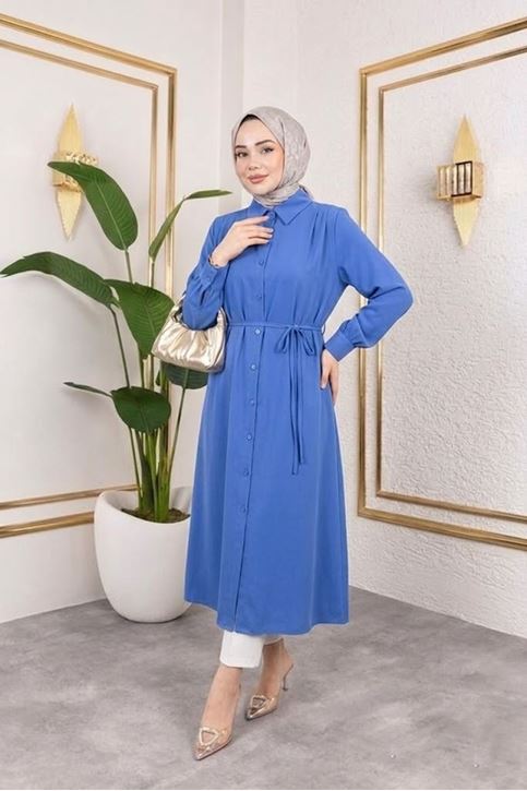 Arka Roba Omuz Pile Uzun Tunik-İndigo