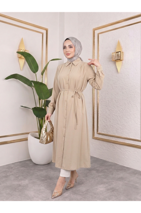 Arka Roba Omuz Pile Uzun Tunik-Taş