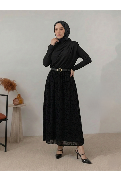 Flok Baskı Tül Etek-Siyah