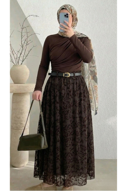 Flok Baskı Tül Etek-Kahve