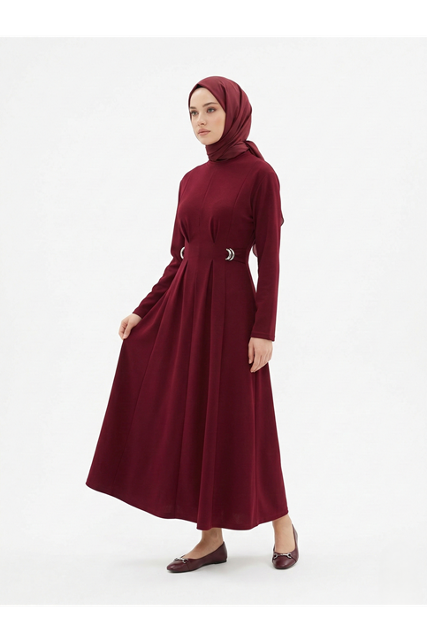 Önü Pensli Kuşak Aksesuar Detay Elbise-Bordo