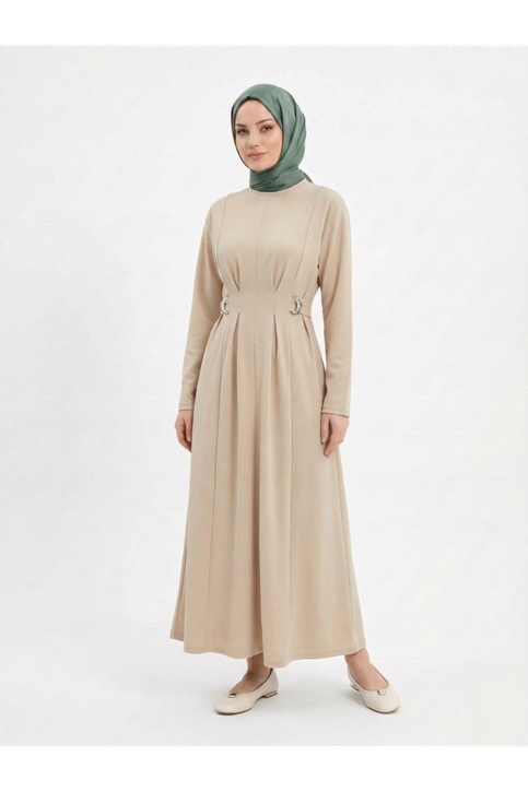 Önü Pensli Kuşak Aksesuar Detay Elbise-Taş