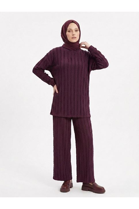Pilise Dokulu Kemerli Pantolonlu Takım-Bordo