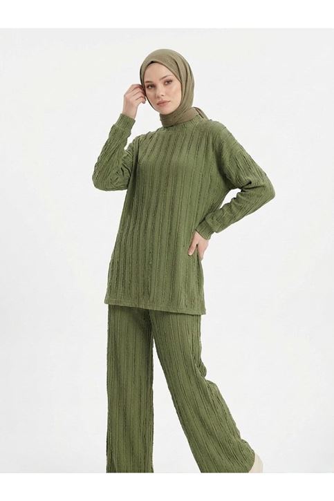 Pilise Dokulu Kemerli Pantolonlu Takım-Haki