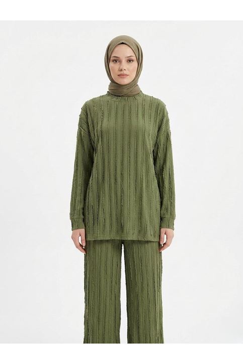 Pilise Dokulu Kemerli Pantolonlu Takım-Haki