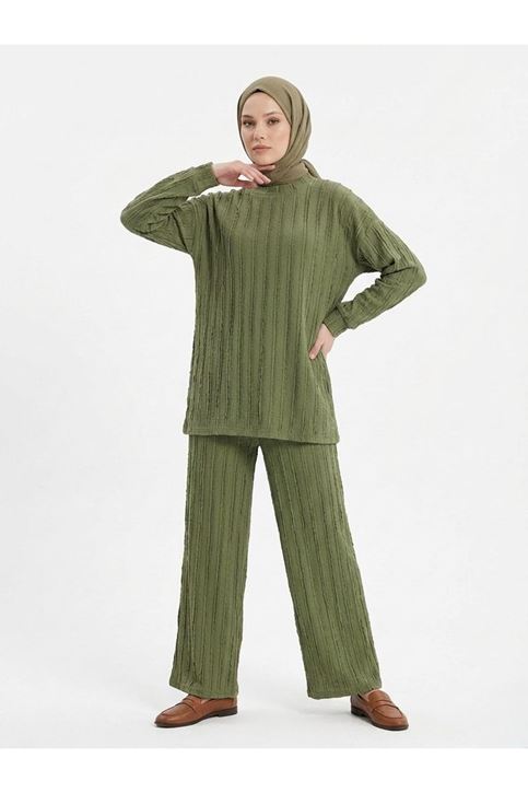 Pilise Dokulu Kemerli Pantolonlu Takım-Haki