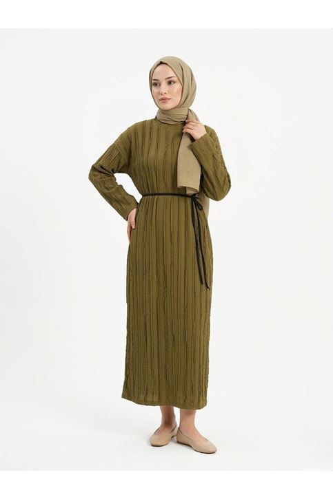 Pilise Dokulu Kemer Detay Elbise-YAĞ YEŞİLİ