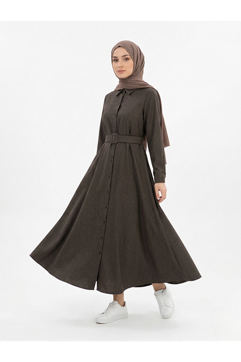 Kaplama Kemer Detay Patlı Elbise-Kahve
