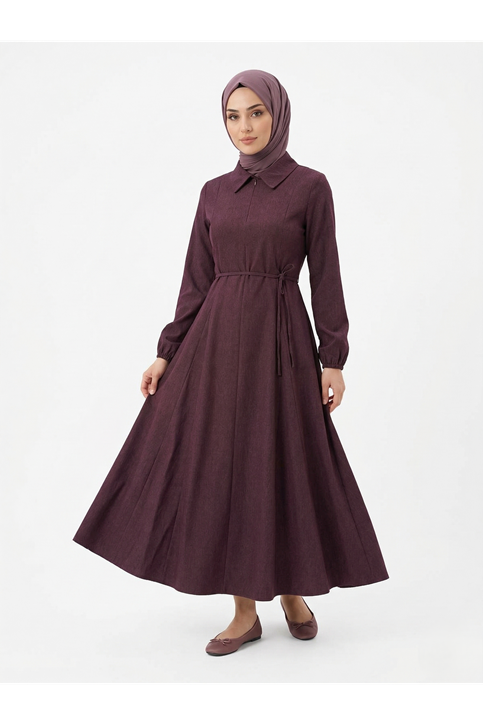 Yakalı Fermuar Detay Elbise-Bordo